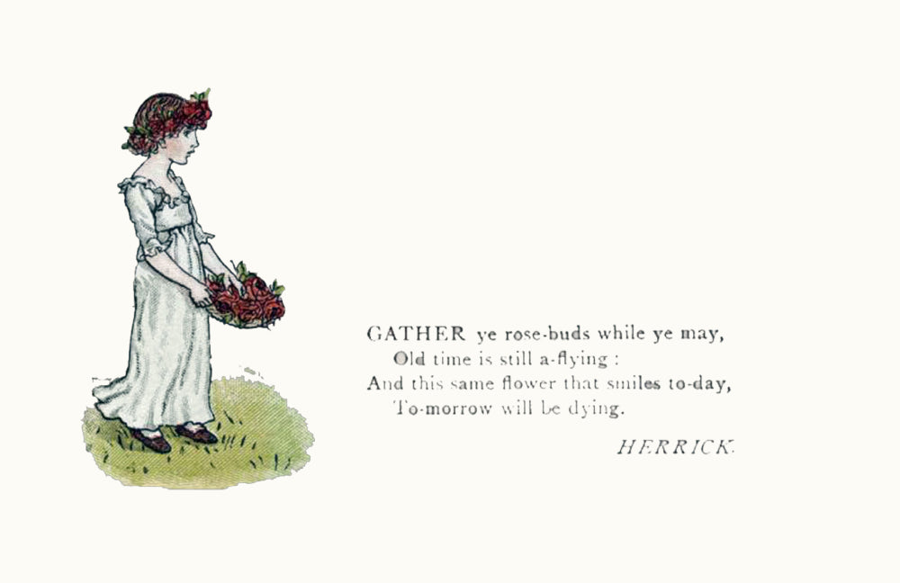 Vintage-style illustration of a woman holding flowers with a quote by Herrick on a white background.